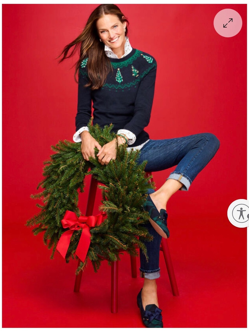 Talbots Navy Sweater with Green Embroidered Trees